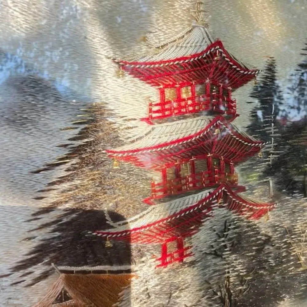 Vintage Asian Silk Embroidery Pagoda Landscape Framed Wall Art
